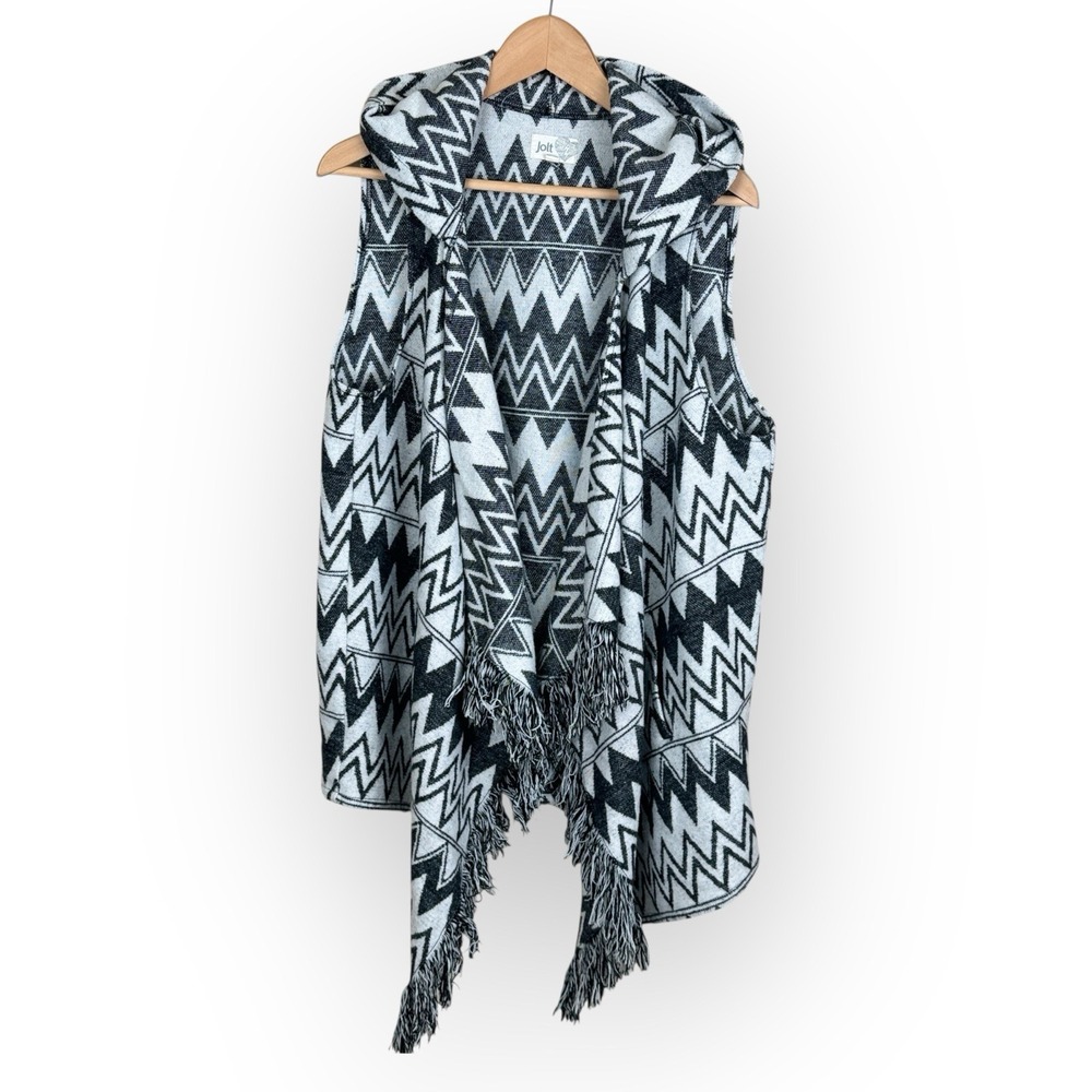 Jolt Hooded Aztec Tribal Fringe Vest Black White‎  XL Open Front Boho Western